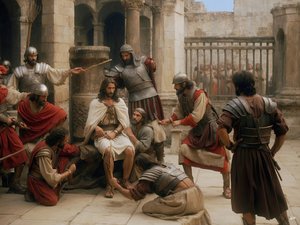 Jesus von römischen Soldaten verspottet und geschlagen