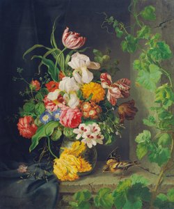 Blumenstillleben mit Spatz und Weinranke