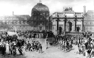 Darstellung einer Militärparade während des Ersten Französischen Kaiserreichs 1810, vor den Tuilerien. 1862