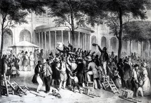 Verlesung der Urteile, die in der Zeitung Moniteur im Garten des Königlichen Palastes in Paris veröffentlicht wurden, 26. Juli