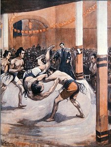 Traditionelles japanisches Wrestling: Sumoringer zeigen ihre Kunst auf der Japanischen Ausstellung in London 1910