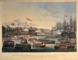 Ansicht der Landung in Rangoon eines Teils der kombinierten Streitkräfte aus Bengalen und Madras, unter dem Befehl von Sir Archibald Campbell, am 11. Mai 1825, graviert von Henry Pyall