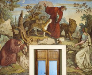 Dante schlafend, von wilden Tieren angegriffen und Virgil begegnend