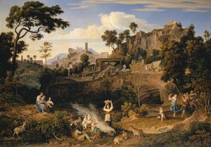 Landschaft bei Olevano mit einer Parade tanzender Bauern, 1823-24