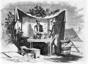 Lagerszenen - eine Armeedrogerie - der Krankenhausverwalter, nach einer Skizze unseres Spezialkünstlers Joseph Becker, veröffentlicht 1864