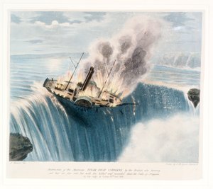 Zerstörung des amerikanischen Dampfschiffs Caroline durch die Briten, die es in Brand setzten und mit den Toten und Verwundeten die Niagarafälle hinunter schickten, in der Nacht des Freitags, 29. Dezember 1838 von Joseph Bouvier