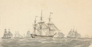 Seitenansicht eines Schlachtschiffs, umgeben von mehreren anderen in schwerer See