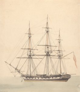 Einzelne Korvette (?) mit drei Figuren in Marineuniformen und Union Jack