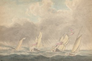 Zwei Kriegsschiffe, eine Bark und ein Schoner (?), Heck voraus, in schwerer See; mehrere Segelschiffe im Hintergrund