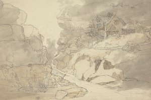 Landleute und Hütten an einem Fluss von Joseph Farington