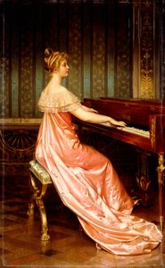 Elegante Dame am Piano-Forte sitzend