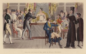 Englische Besucher im Café de Mille Colonnes (farbige Gravur)