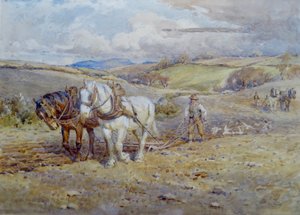Schwere Pferde pflügen auf den Hügeln von Joseph Harold Swanwick