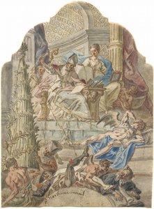 Der heilige Augustinus bezwingt die Häresie mit Blitzen aus seinem Stift