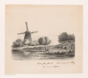 Landschaft mit Mühle und zwei Fischern