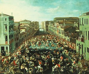 Der Kampf zwischen den Nicolotti und den Castellani auf der Ponte dei Pugni, Venedig, 1673