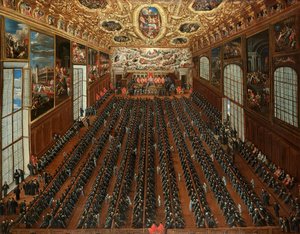 Das Innere der Sala Maggior Consiglio, Dogenpalast, Venedig, mit Patriziern, die über einen Wahlzettel für die Wahl neuer Magistrate abstimmen