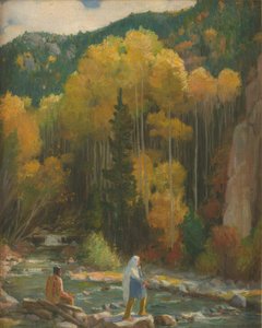 Indianer beim Fischen, Taos Canyon von Joseph Henry Sharp