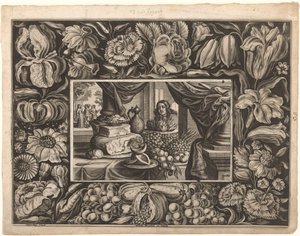 Stillleben mit Käse und Obst mit Ornamentrand von Joseph Kling