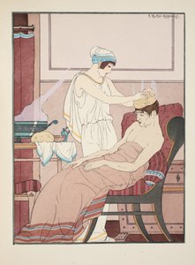 Ein in heißem Wasser getränkter Schwamm wird auf den Kopf aufgetragen, Illustration aus 