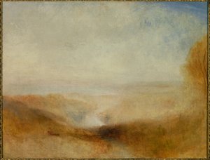 Landschaft mit einem Fluss und einer Bucht in der Ferne. Auch genannt „Zusammenfluss von Severn und Wye“