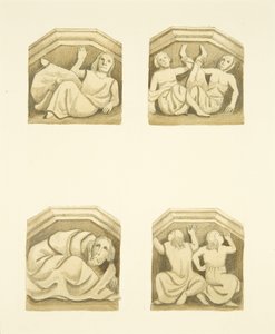 Vier Konsolen im Nordportal (ursprünglich Statuen tragend) von St. Mary Redcliffe