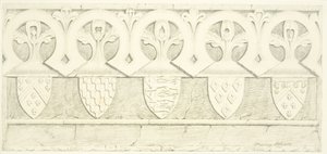 Gotisches Fries und Wappen im Vestraum der Kathedrale von Bristol