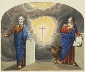 Bemaltes Fenster über dem Altar der Christ Church, zeigt Moses und St. Johannes den Evangelisten von Joseph Manning