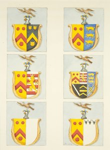 Sechs Wappen in Buntglasfenstern in den nördlichen und südlichen Seitenschiffen (östliches Ende) der Kathedrale von Bristol von Joseph Manning