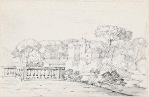 Terrasse an einem Fluss mit einer Villa und Bäumen dahinter von Joseph Marie Vien