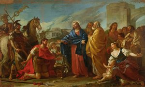 Der Zenturio kniet zu den Füßen Christi oder Jesus heilt den Sohn eines Offiziers, 1752 von Joseph Marie, the Elder Vien