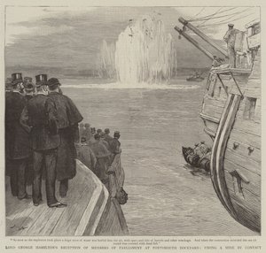 Lord George Hamiltons Empfang der Parlamentsmitglieder in der Werft von Portsmouth, Zündung einer Mine durch Kontakt