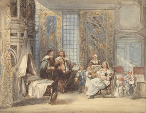 Szene mit Familie und Gast in einem Interieur des 17. Jahrhunderts, 1825-78