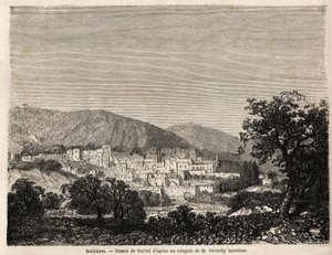 Ansicht von Bethlehem, Zeichnung von Joseph Navlet (1821-1889), zur Illustration von Mr. Bidas Reise nach Palästina im Jahr 1856. Gravur in „Le tour du monde, nouveau journal des voyages“ Paris von Joseph Navlet