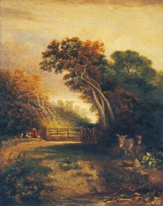 Landschaft mit Picknickern und Eseln an einem Tor
