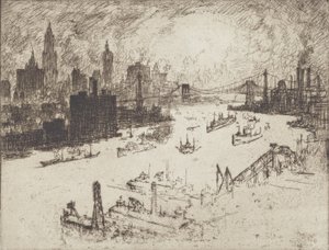 Sonnenuntergang von der Williamsburg Bridge, 1915 von Joseph Pennell