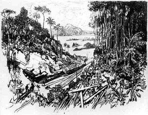 Der Dschungel: Die alte Eisenbahn, Platte VIII aus Der Panamakanal von Joseph Pennell, 1912