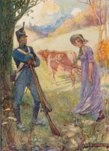 Laura Secord treibt eine Kuh vor sich her, passiert die amerikanischen Wachen