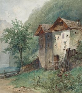 Häuser an Gebirgssee von Joseph Selleny