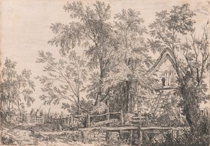Verfallenes Häuschen in Landschaft mit Figuren
