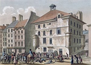 Die Septembermassaker: Das Massaker im Abbaye-Gefängnis bei St. Germain des Prés, 2.-5. September 1792, graviert von Reinier Vinkeles (1741-1816) und Daniel Vrydag (1765-1822) (Farbstich) von Joseph Swebach Desfontaines