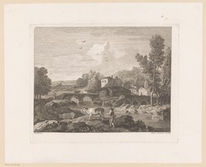 Flusslandschaft mit Hirte und Kühen auf der Brücke