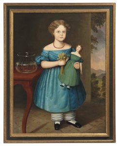Porträt von Amy Philpot in einem blauen Kleid mit Puppe und Goldfisch von Joseph Whiting Stock
