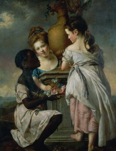 Ein Gespräch zwischen Mädchen oder Zwei Mädchen mit ihrem schwarzen Diener, 1770 von Joseph Wright of Derby