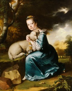 Porträt von Miss Frances Warren, kniend in voller Länge in einem bewaldeten Park, in einem blauen Kleid und ein Lamm haltend