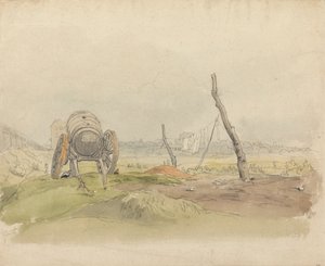 Landschaft mit Wasserwagen und Wäscheleine