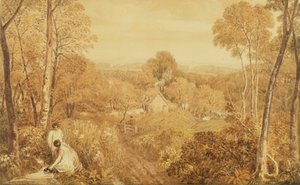 Waldlandschaft mit Hütten und Landfrauen, Hurley, Berks, 1818