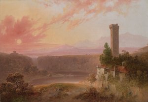 Ansicht des Sees Nemi bei Sonnenuntergang
