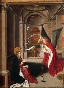 Verkündigung, von Josse Lieferinxe (gestorben vor 1508), (Detail) von Josse (fl.1493 1508) Lieferinxe