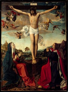 Kalvarienberg. Kreuzigung mit der Jungfrau Maria und dem Heiligen Johannes am Fuß des Kreuzes. Inschrift „INRI“ am Kreuz